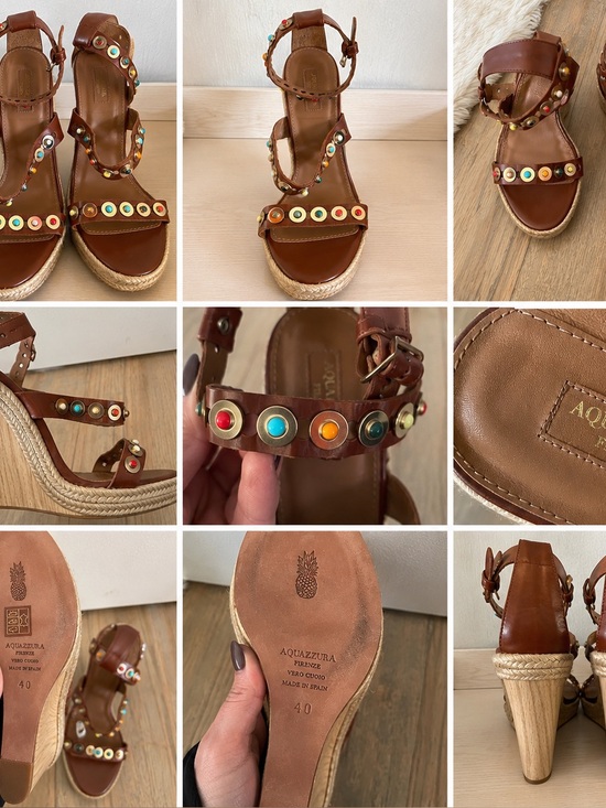Aquazzura Shoes - Aquazzura Brown Studded Leather Espadrille Wedge Sandals Size 40 NWT